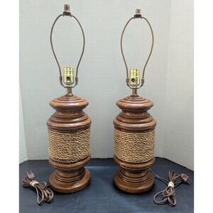 Pair Vintage MCM Ceramic‎ "Turned Rope" Lamps Brown Original Hardware/Cords